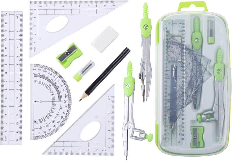Vobou Math Geometry Kit Sets 10 Piece Student Supplies with Shatterproof Storage Box,Includes Rulers,Protractor,Compass,Eraser,Pencil Sharpener,Lead Refills,Pencil,for Drafting（Green） - Image 2
